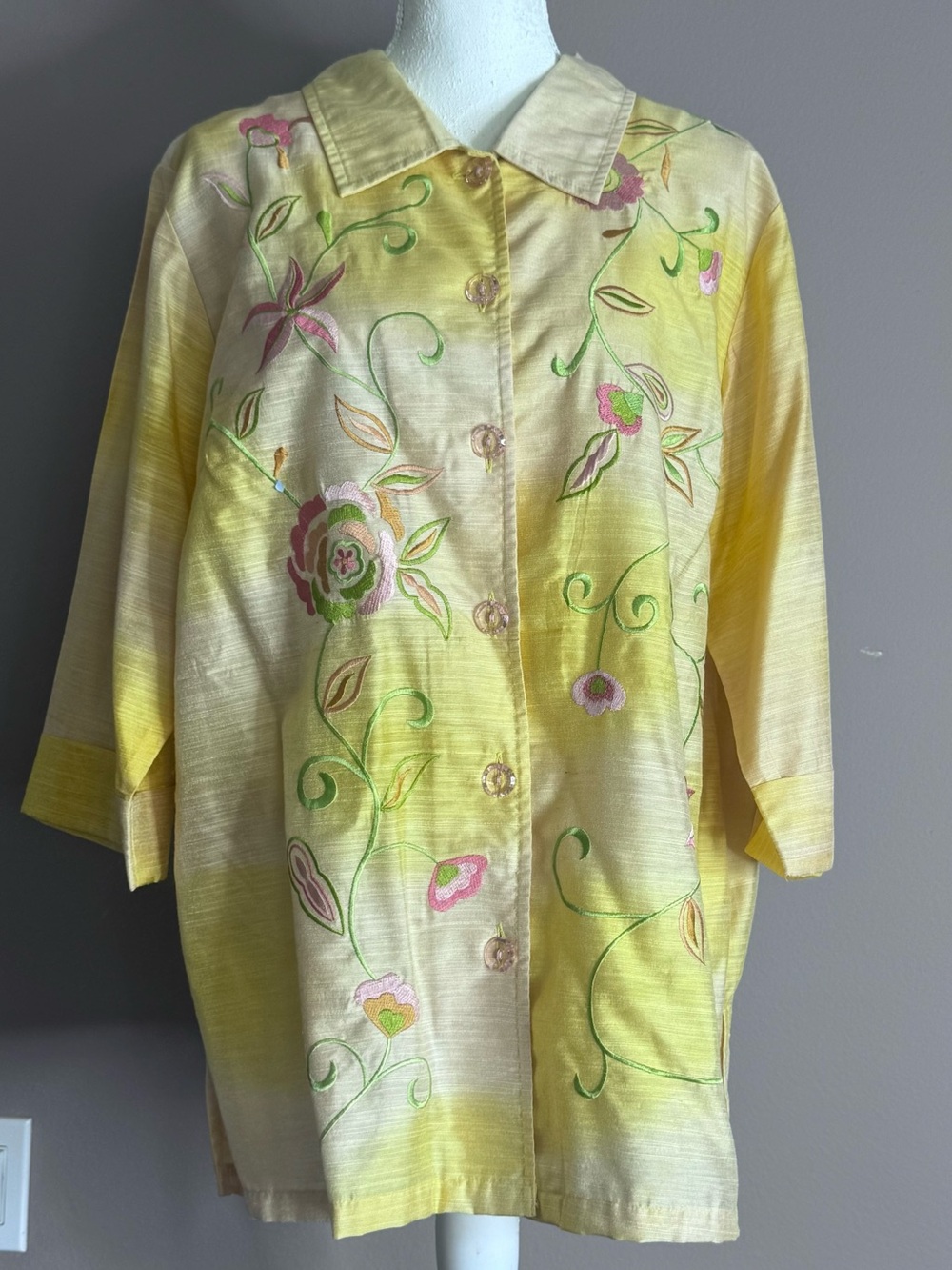 Indigo Moon Yellow Ombre Embroidered Floral Button-Up Jacket/ Button top Sz 1X